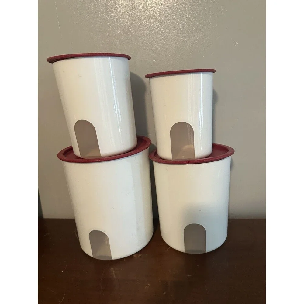 4-Tupperware One Touch Nesting Canisters Set w/ Red Lids 2416B 24188 24200 2422B